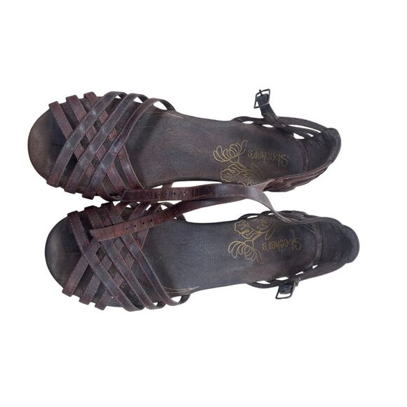 Skechers Brown Leather Strappy Wedge Sandals Ankle Strap Size 10 - Picture 2 of 10